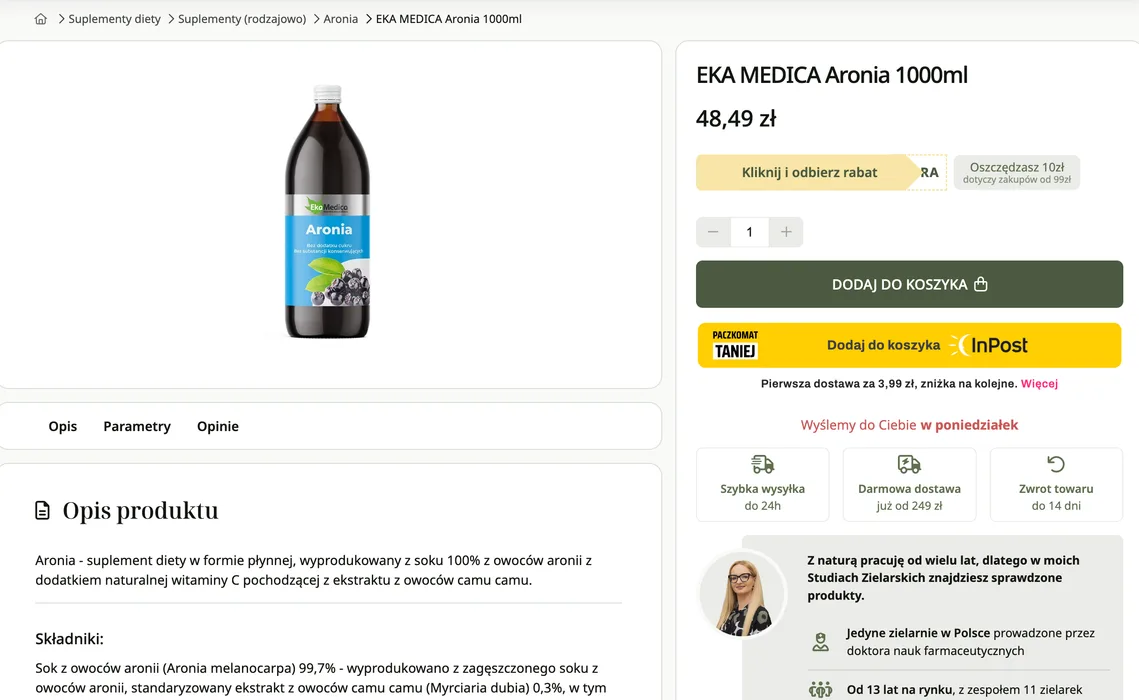 Karta produktu w sklepie internetowym z żółtym przyciskiem płatności InPost Pay pod przyciskiem dodania do koszyka